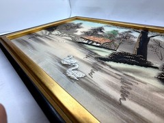 Vintage Japanese Silk Embroidery Landscape Framed Art Mid-Century Gold Thread