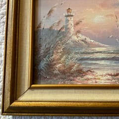 Vintage SEASCAPE sand dunes ocean oil Painting original hand painted lighthouse