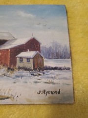 Vintage J.Rymond Oil Painting Barns Buildings Sky Birds Flying Snow Landscape