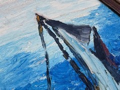 WILLIAMS SIGNED NAUTICAL OIL PAINTING SAILBOAT AT SEA PALETTE KNIFE IMPASTO ART