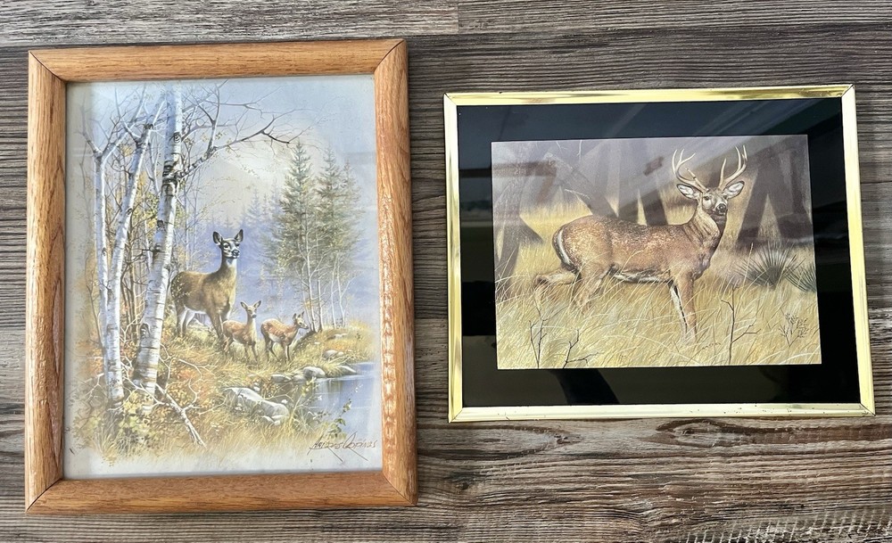 2 Vntg Deer Buck Framed/signed Oil Foil Paintings Art Landscape Hunting Woodland