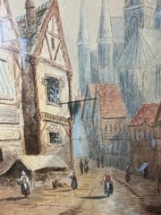 Antique European Landscape Limburg Cityscape Watercolor Painting Artist Signed