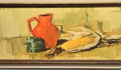 Vintage Mid Century Still Life Oil Painting Signed JP Orange Pitcher Corn 34×15