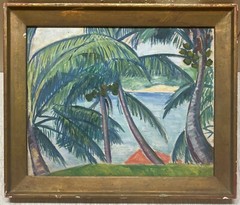 Vintage ELIZABETH GRANDIN Tropical Island Coastal Landscape Oil PAINTING -Listed
