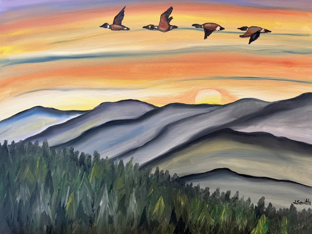 Original oil painting 11 x 14 inches blue ridge mountains with geese at sunset