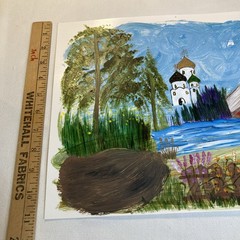 Original Painting Russian Eastern Orthodox Church Flower Tree Pond v4