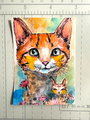 Original Cat & Kitten ACEO Watercolor Painting OOAK Feline Art Miniature