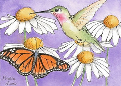 ACEO original watercolor painting with Pen & Ink Hummingbird and Monarch