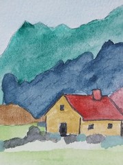 GAT Original Painting 4×4 Red Roof House Landscape Cottagecore Homedecor Art