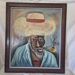 Large Original Oil Painting Portrait Man w/ Pipe Straw Hat Signed Framed Haitian