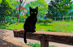 ACEO Mini *Art Print* Black Cat Baby Kitten & City Park on Bridge Rail -Saulite