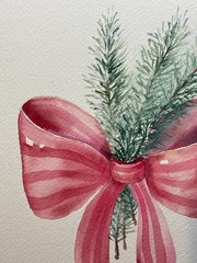 Original Watercolor Painting Christmas Tree Branches and Red Bow – 7×9 inches
