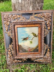 Original Signed K Mills Oil On Canvas Ruby Throated Hummingbirds Shadowbox Frame