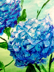LOVELESS – „BLUE HYDRANGEAS“ 11 X 15 acrylic on gallery paper