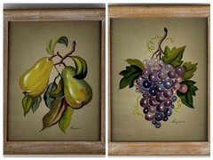 Pair Mid-Century Gouache Fruit Paintings—Pears & Grapes—Signed Kupur—8×10