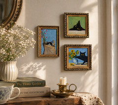 Set of 3 Black Cat Original Oil Paintings Framed Cat Wall Art Cottagecore Decor