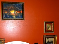 Lake Landscape Sunset Reflections Sea shore Palm Trees by Water Oil Painting