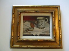 VINTAGE 1970’S OIL PAINTING STILL LIFE WITH ANTIQUE POCKET WATCH CUP REALISTIC