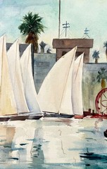 1950s BALBOA SAILBOATS – Newport CaLiFoRnia Regionalist Scene Painting LISTED