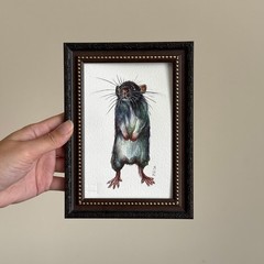 Miniature Rat Portrait Painting Original Watercolor Ornate Framed Animal Art