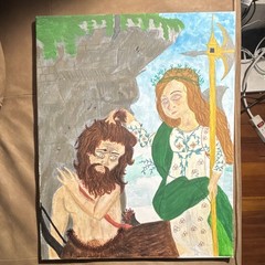 Recreation of Renaissance painting titled Pallas and the Centaur