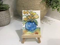Aceo Painting By Kenna Collector Card Blue Vase &Flowers 2.5” X 3.5” Original