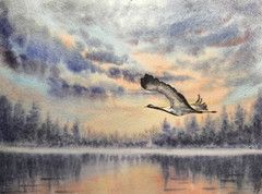BERD STORK FLYING FOGGY FOREST Original Artwork Painting Landscape CLOUDS GiftA4