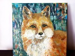 original oil painting on canvas stretched Red Fox portrait Birch Forest 8×8 inch
