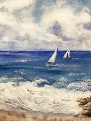 Original Watercolor Painting – Ocean Boats, Seaside Landscape – Signed by Artist