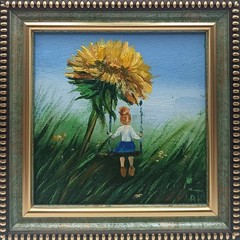 Thumbelina Original oil painting Naive art Signed Miniature Framed Size 4*4 inc.