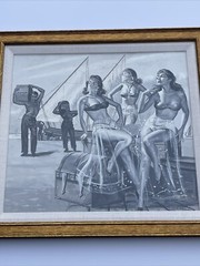 Antique Illustration Painting Boat Workers Gorgeous Women Pinup mid century