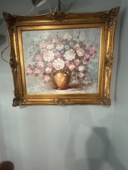 Vintage Floral Still Life Oil Painting by Dana Wood in Ornate Gold Frame