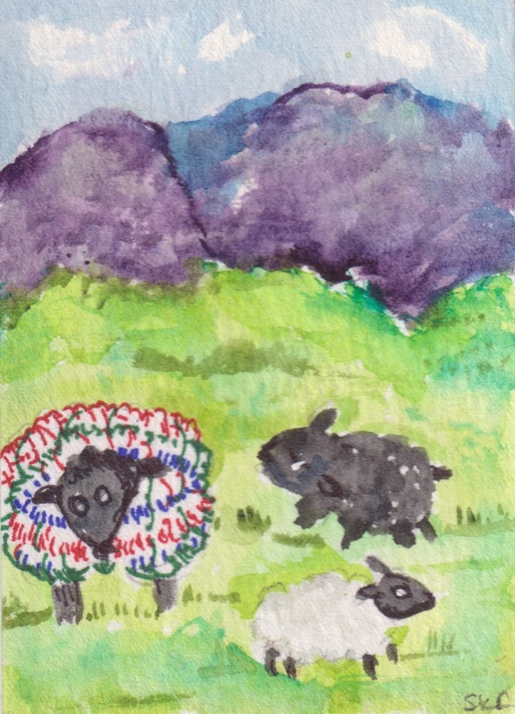 ACEO Original Colorful Sheep watercolor painting Sharon Foster Art OOAK
