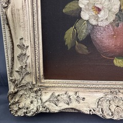 Vintage R. Rosini Oil Painting Floral 11”x16” with carved wooden frame 21.5”x18”