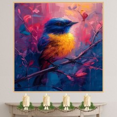 Blue and Yellow Bird Art in Red Background Flat Rolled, Framed or Wrapped Canvas