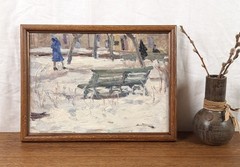 Winter Park Benches, Snowy Landscape with Figures, Oil Painting,Artist Kozlyanin