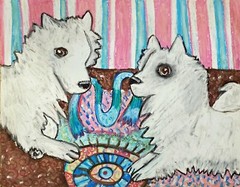 AMERICAN ESKIMO DOG Tug o‘ War Original 11 x14 Pastel Painting by Artist KSams