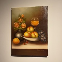 Original Hand Painted Still Life Roses Fruit Wine 16×12 On Canvas Wall Art Moody