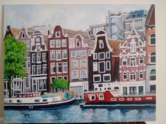 Original Acrylic Painting on Canvas Board Amsterdam With Canal Boats 11″x14″