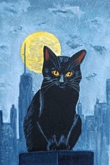 Original Black Cat Oil Painting 4×6 Framed Mini Artwork Moon Cat Wall Decor OOAK