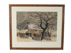 Vintage Rural Farmhouse In Winter Scene Pastel Painting Unsigned