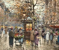 Paris Street flower market Oil painting Wall art Giclee Printed on Canvas P1681