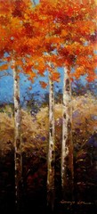 Acrylic painting on canvas of birch trees with red fall leaves