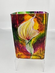 Original Painting and Hand Painted Glass Vase Set Calla Lily Signed Art