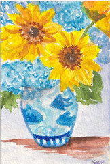 Original ACEO Sunflowers, Hydrangeas, Blue & white Vase Watercolor Painting