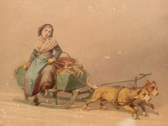 Antique 1850s Watercolor Painting Ferdinand Marohn Signed Winter Girl Dogs Sled