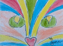 ACEO Original Art Painting Whimsical Rainbow Cat Watercolor & pen Signed