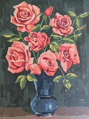 Vtg 1965 Paint By Numbers Rose Bouquet Oil Painting On Board Mid Century PBN Oil