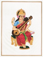Handmade Art Painting Of‎ Goddess Saraswati With Veena On Silk Cloth 10×13 Inch