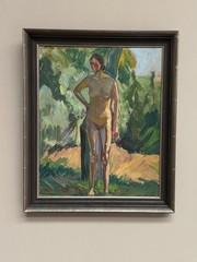 Mid Century Swedish Oil on Panel“Standing Woman” by Clara-Eva Dahlbom 43 × 36 cm